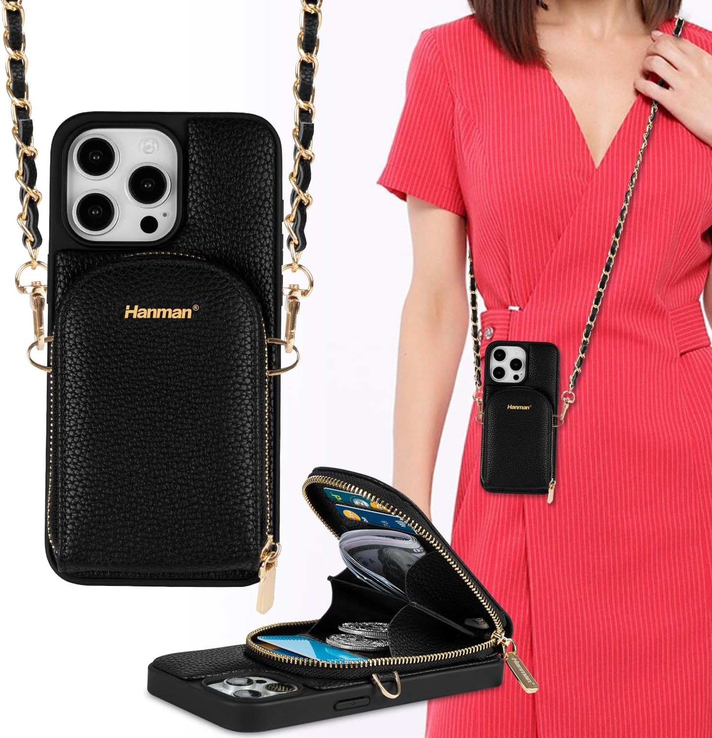 Hanman Crossbody Wallet Case for iPhone 13 Pro Max, RFID Blocking PU Leather Zipper Handbag Purse Cover, Suitable for iPhone 13 Pro Max, Black