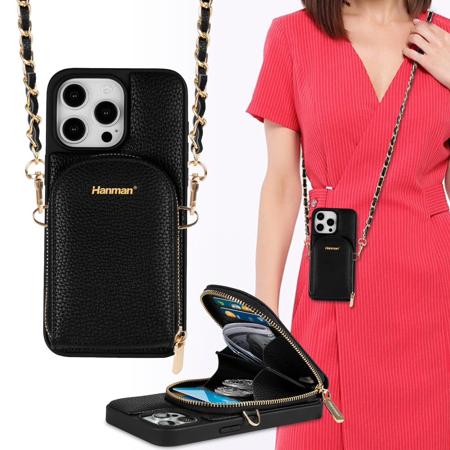 Hanman Crossbody Wallet Case, RFID Blocking PU Leather Zipper Handbag Purse Cover - Suitable for iPhone 15 Pro Max - Black