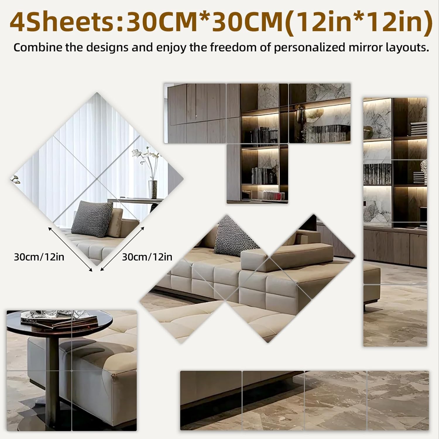 Stick on Small Mirror for Wall Decor, Plastic Non Glass Sticky Kids Safety Toddler Mirrors, 4 Pack 14”x14” Acrylic Mirror Tiles, Shatterproof Mirrors Sheet for Bedroom, Unbreakable Adhesive Mirror's