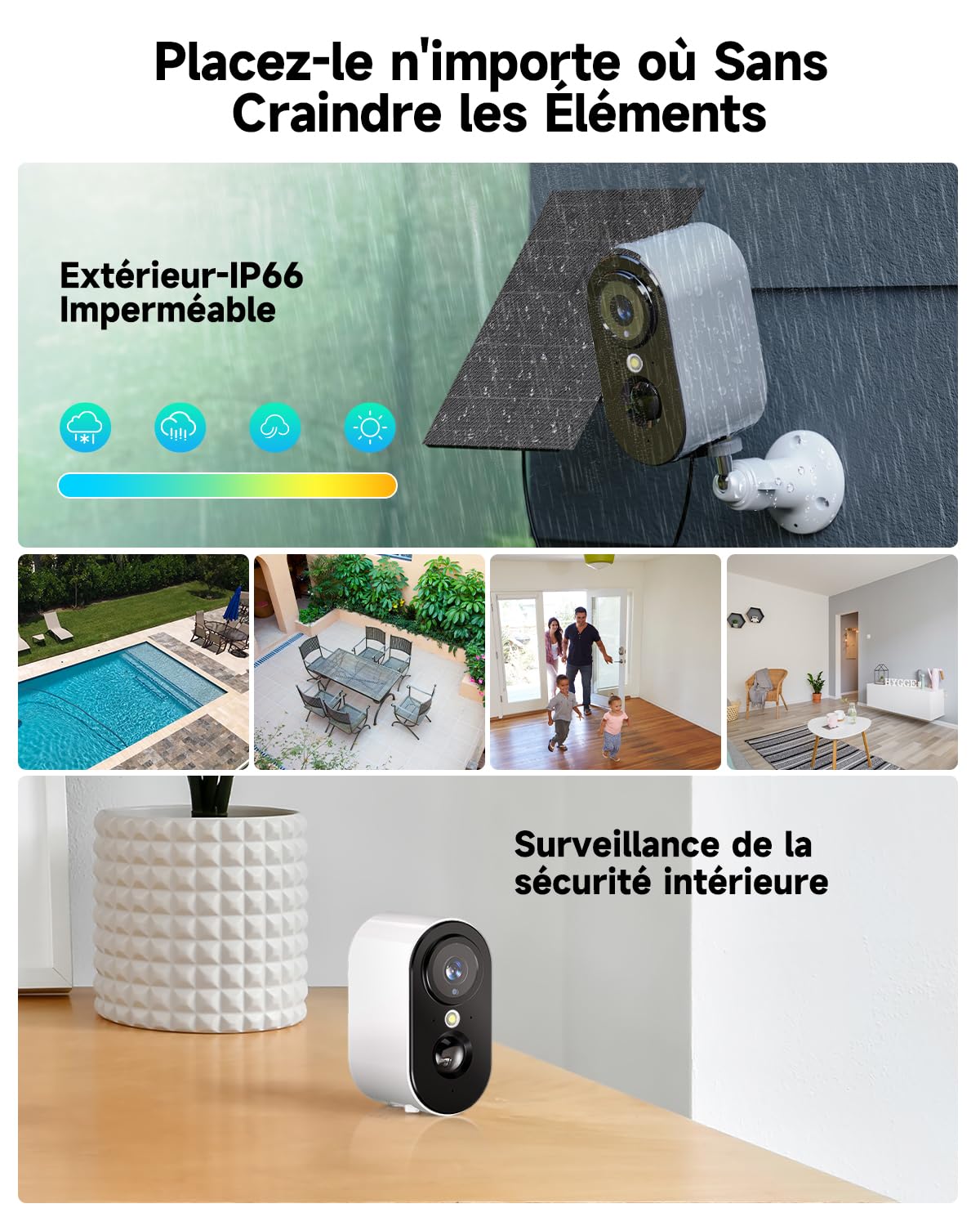 2K Caméra Surveillance WiFi Exterieure sans Fil Batterie - Camera Surveillance WiFi avec Panneau Solaire, Vision Nocturne Couleur, Extérieure/Intérieure, PIR Détection Mouvement, IP66, 2,4 GHz