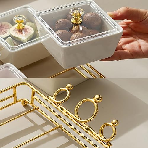 Miniatura 4 de Cuencos de cerámica y con tapa, bandejas doradas, 4 cuencos pequeños extraíbles para condimentos, juego de frutos secos para aperitivos, frutas,