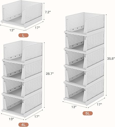 Miniatura 6 de Cesta de almacenamiento de plástico apilable para cajones de armario, 5 paquetes de estantes de ropa, apilables, organizadores de armario plegables