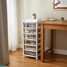 CROWNSHOP 6-Drawer Clear Storage Trolley with Shelves Polypropylene Organizer on 4 Wheels, Large-Capacity Rolling Chest for Bathroom Bedroom Kitchen – Sturdy White Frame (6-Tier White 35x27.5x61cm)