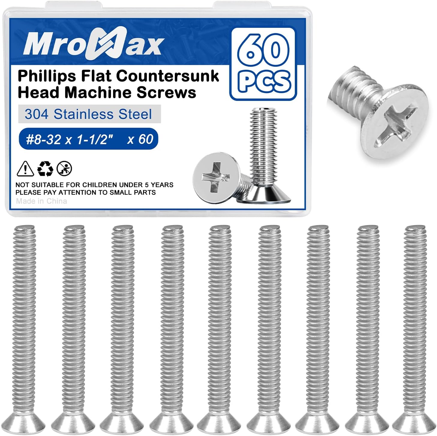 MroMax 60Pcs #8-32 x 1-1/2" Phillips Flat Head Machine Screws, 304 Stainless Steel(18-8), UNC Coarse Thread, Countersunk Head Machine Screws, Phillips Drive #2