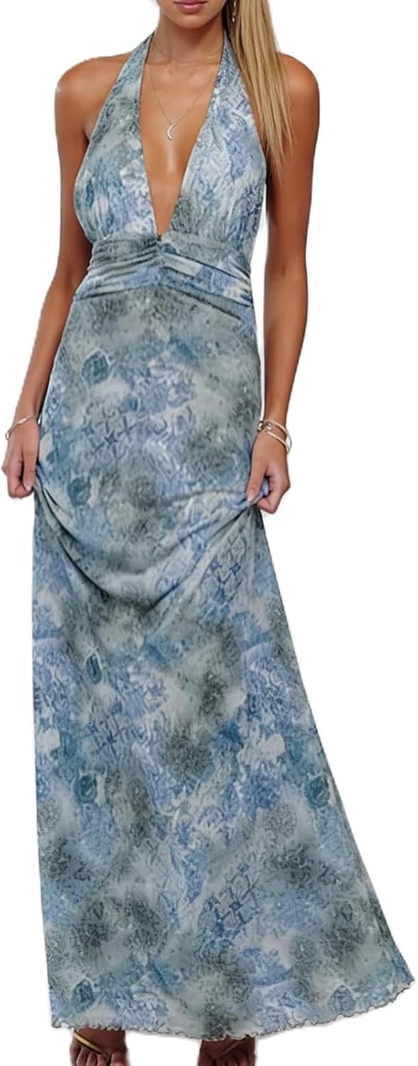 Womens Summer Sleeveless Halter V Neck Backless Mesh Y2k Floral Maxi Formal Beach Vacation Dresses