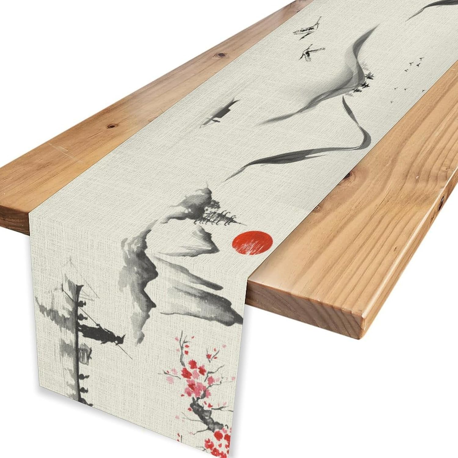 Japanese Table Runner, Red Sun Blossom Asian Ink Painting Mountain Crane Boat Oriental Table Center Decor for Home Kitchen Dining Patio Indoor Outdoor Table Decorations, 13"x108"