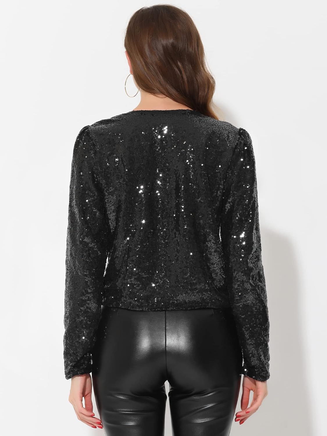 Allegra K Women's Halloween Sparkly Sequin Jacket Crop Open Front Long Sleeve Shiny Blazer