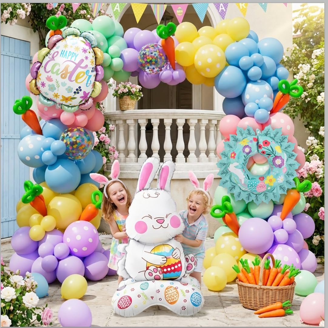 Bonropin Easter Balloon Garland Arch Kit with Pastel Happy Easter Balloons and Bunny, Carrot, Resurrection eggs, Easter wreaths Foil Balloons for Baby Shower Party, Spring Birthday, Easter Decorations