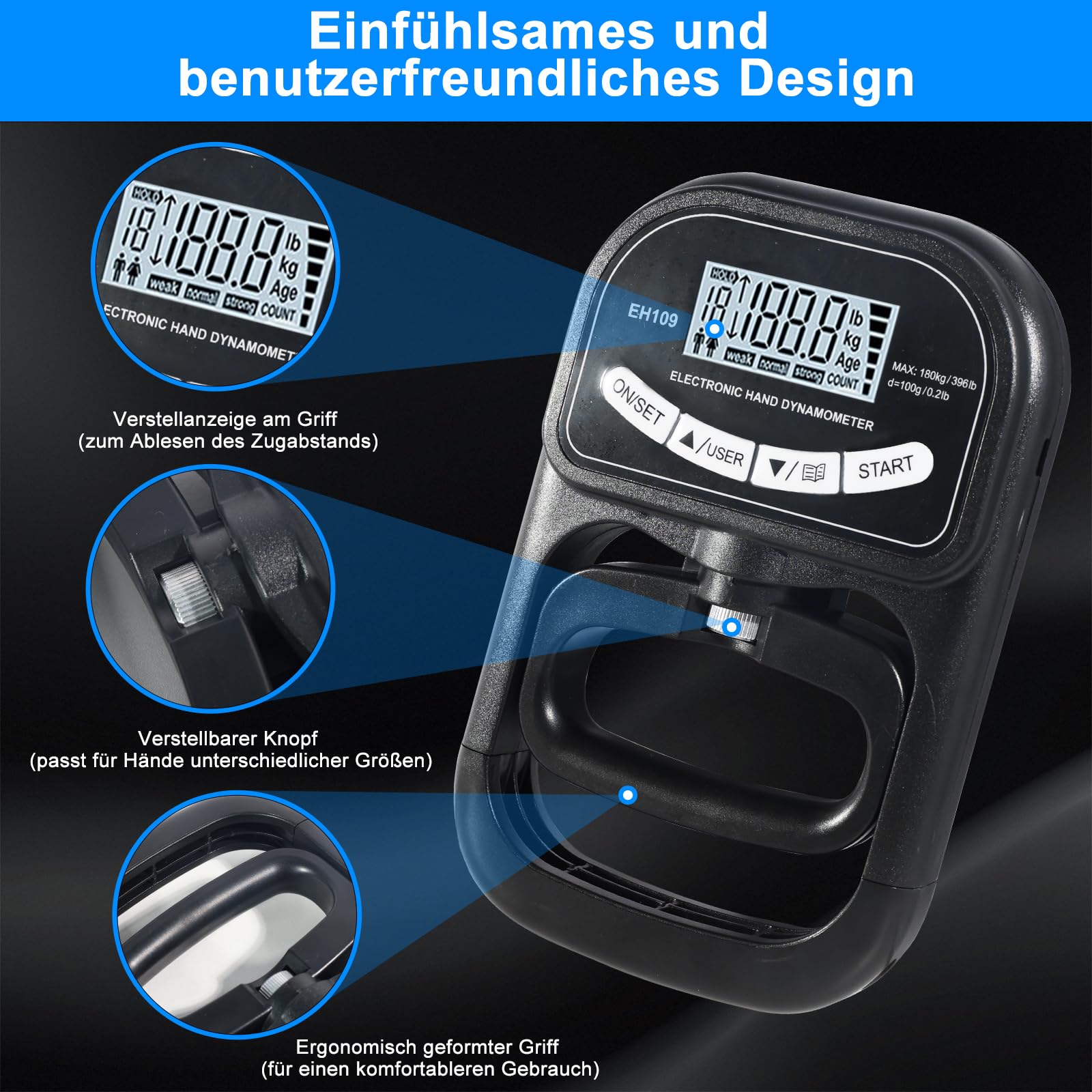 Digitales Griffkraft Messgerät, 396 Lbs/180 Kg Hand Dynamometer, Schwarzes Handkraftmessgerät, Griffkraft Trainer Mit Lcd-Display, Grip Strength Trainer Mit USB-Ladekabel Und 19 Aufzeichnungsgruppen