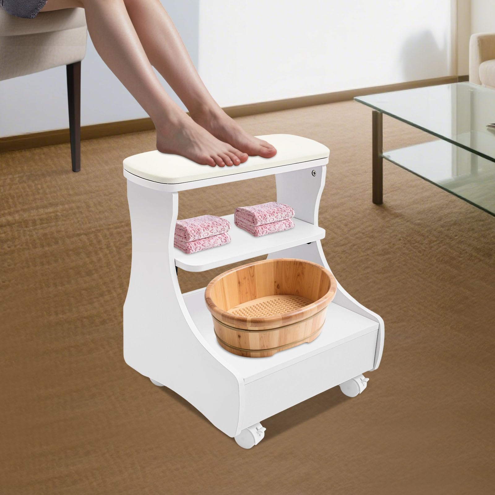 Krzesło do pedicure, wózek łazienkowy z kółkami i szufladami, podologia, wózek do pedicure, masażu stóp, pielęgnacji paznokci stóp, salonów kosmetycznych i spa, biały