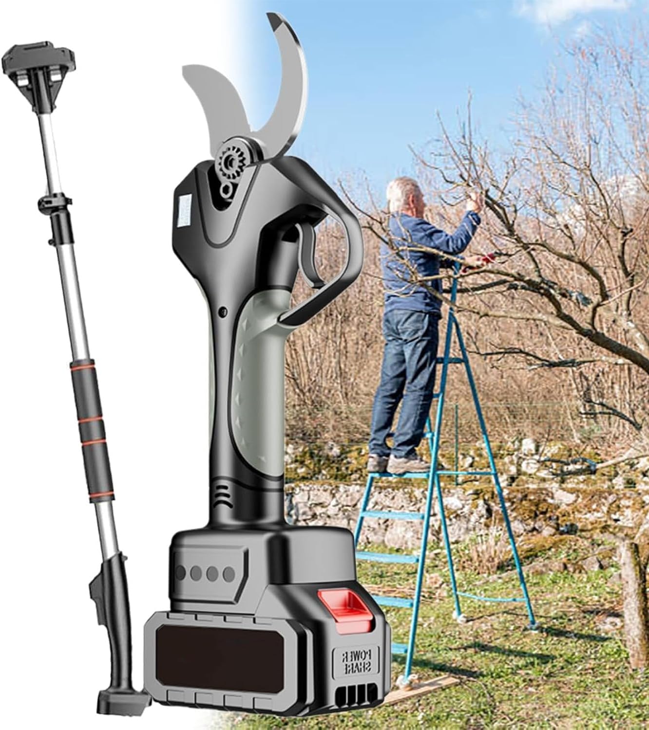 Electric Pruning Shears - Heavy Duty, 3 Inch Cutting Diameter, Includes 2 Batteries and Charger, 4.2-7.1ft Scalable Extension Rod for Gardening