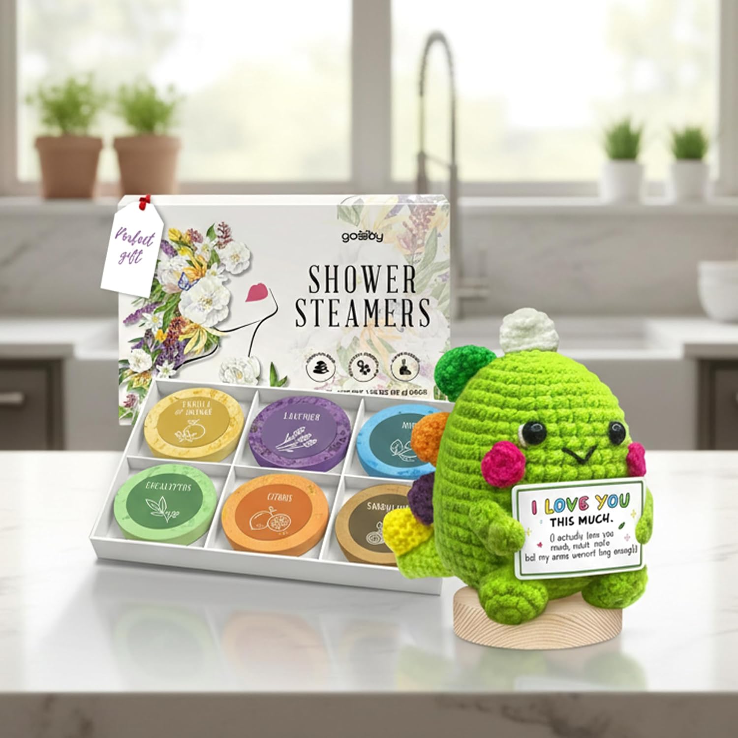 Gossby Valentines Day Gift for Wife, Girlfriend - Dino Crochet & Shower Steamers Aromatherapy (6 Packs) - Anniversary, Birthday Gift for Women - Handmade Flower Crochet & Shower Bombs Set