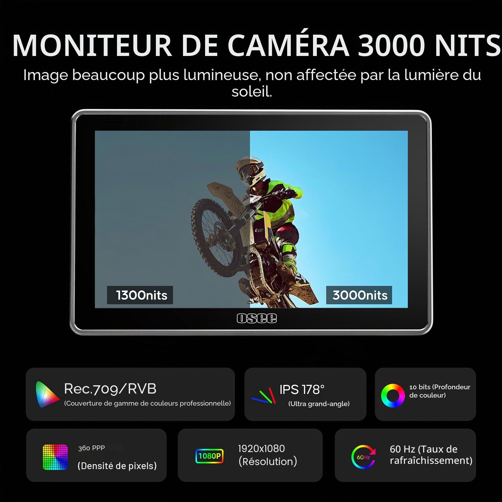osee G7 Pro Moniteur de Champ de Caméra 7 Pouce 3000nits Écran Tactile Caméra Moniteur avec Contrôle de la caméra, Entrée/Sortie HDMI 3G-SDI, LUTS 3D, Mise au Point Tactile Moniteur Vidéo pour DLSR