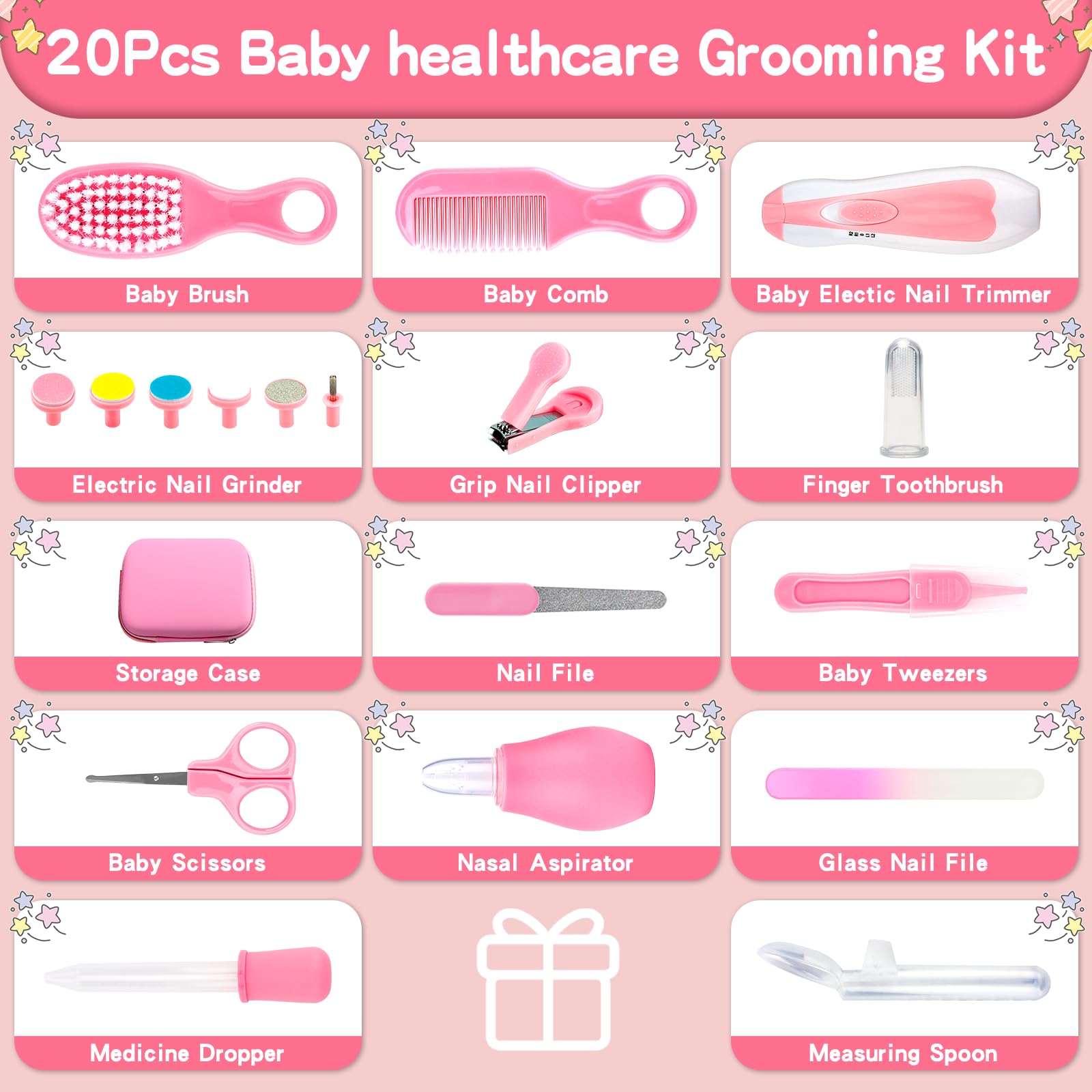 Kit de aseo para bebés, juego de cuidado de seguridad infantil con cepillo para el pelo, peine cortaúñas, aspirador nasal, limpiador de oídos, kit esencial para recién nacidos y niños