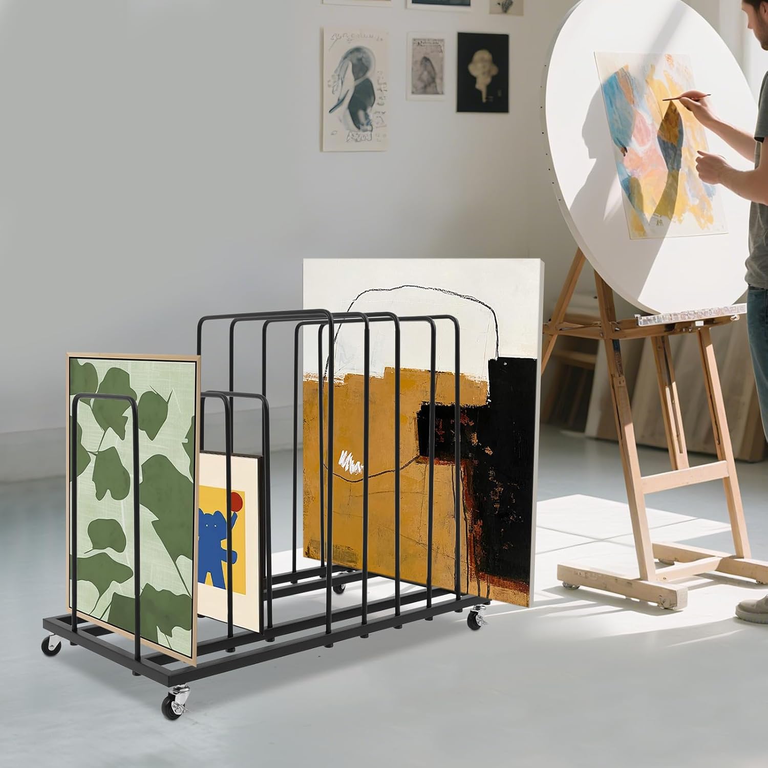 Art Canvas Storage Rack, Adjustable Art Drying Rack with Wheels - Metal Painting Storage Display Stand for Canvas Boards, Panels, Frames, Crafts Drying & Print Racks for Artists, Classrooms, Studios