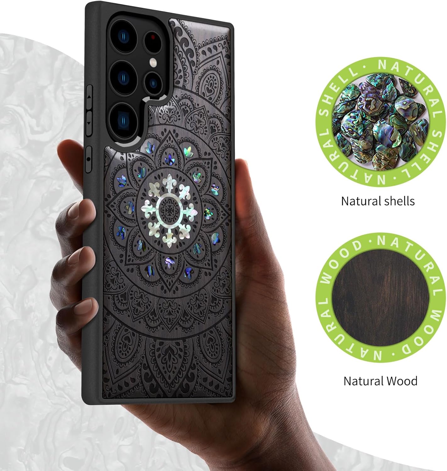 Carveit Designer Wooden Case for Samsung Galaxy S23 Ultra Cover [Wood Engraving & Shell Inlay] Compatible with Wireless Chargers S23 Ultra Case (Mandala Floral-Blackwood)