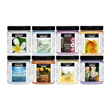 Spazazz Botanicals Aromatherapy Hot Tub & Spa Salt Crystal Sampler Pack | 8-Pack of 4oz Botanical Aromatherapy Bath Salt with Tropical, Floral, Vanilla & Eucalyptus Scents with Hot & Cold Towel