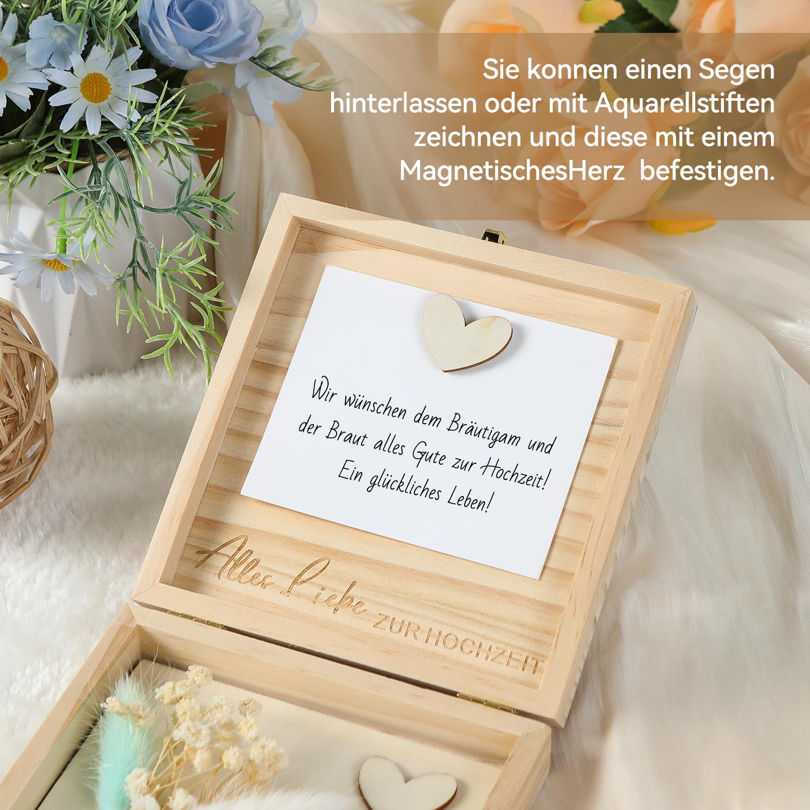 Geldgeschenk Hochzeit Holz, Geldgeschenke zur Hochzeit, Hochzeitsgeschenk Geld, mit Hochzeitskarte Trockenblumen, Hochzeitsgeschenke für Brautpaar, mit Herzförmiges Armband,14 x 14 x 3,5 cm