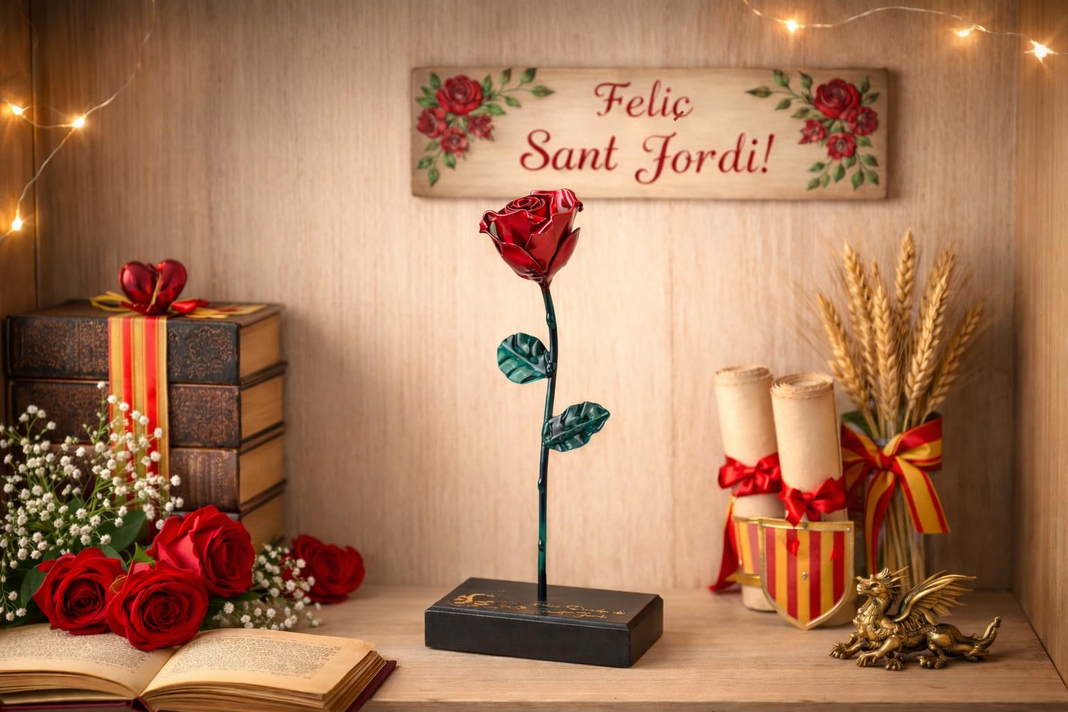 Rosa Sant Jordi de Hierro Forjado 22 cm con Base de Madera Grabada - Regalo Original Diada Sant Jordi