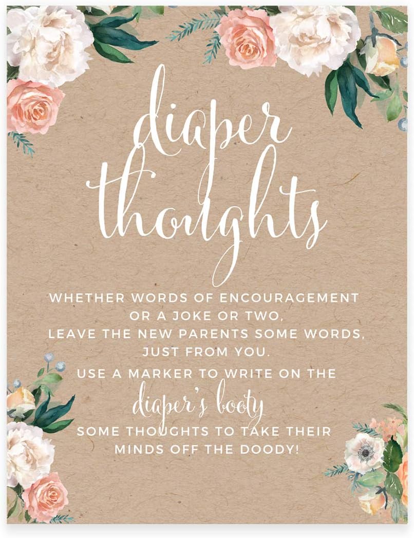 Andaz Press Peach Kraft Brown Rustic Floral Garden Party Baby Shower Collection, Diaper Thoughts Party Sign, 8.5x11-inch, 1-Pack, Games Activities and Decorations