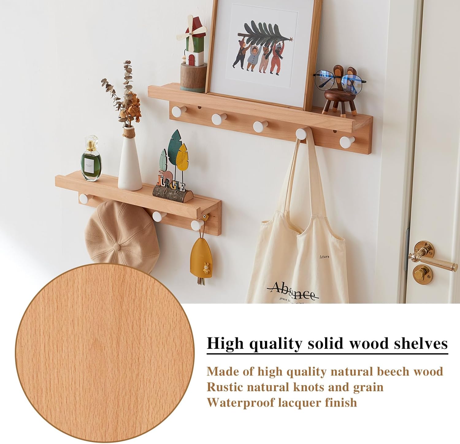 Wall Hooks with Shelf 24 inch, Beech Wood Entryway Wall with 5 Hooks, Floating Shelf Coat Rack for Bathroom, Living Room, Bedroom (24inch)