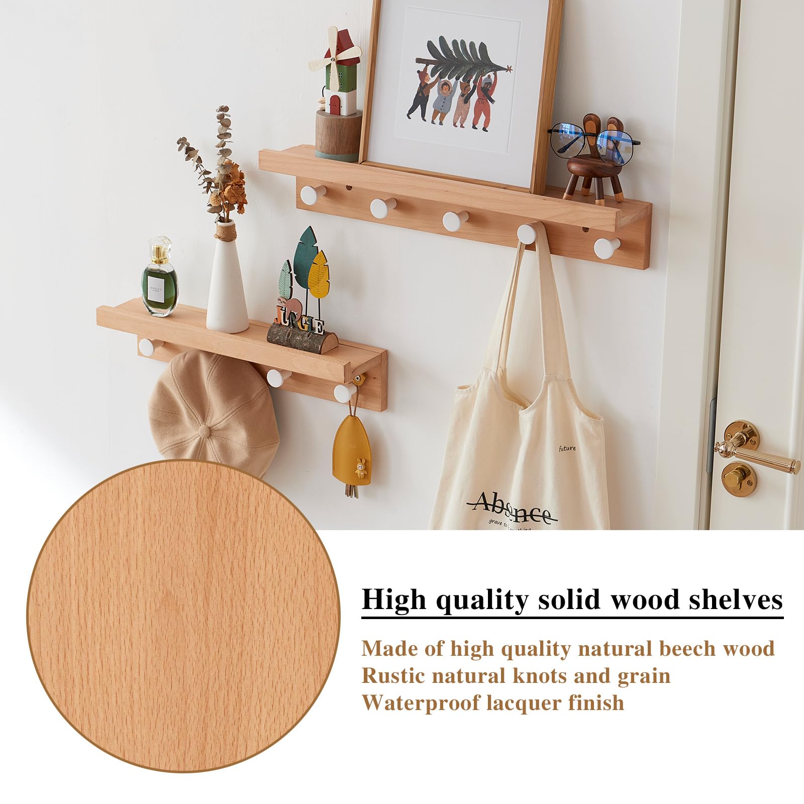 Ganchos de pared de madera de haya con estante, perchero con estante montado en la pared, estante de entrada con 4 ganchos para ropa, sombreros, toallas, bolsos, batas, baño, vestíbulo,