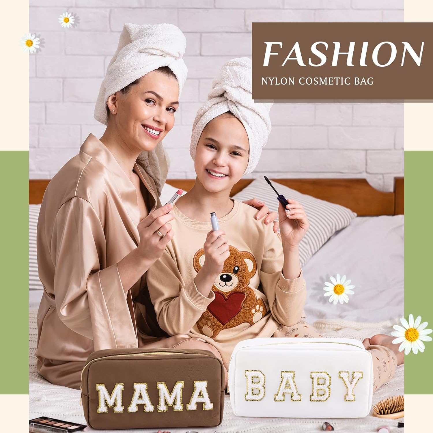 Sanwuta 2 Pieces Mama Gifts Makeup Bag Mom Pouch Birthday Gifts Nylon Cosmetic Bag Mothers Day Appreciation Toiletry Preppy Patch Chenille Letter for Women Her New Mom(Camel, White,Baby and Mama) - Image 6