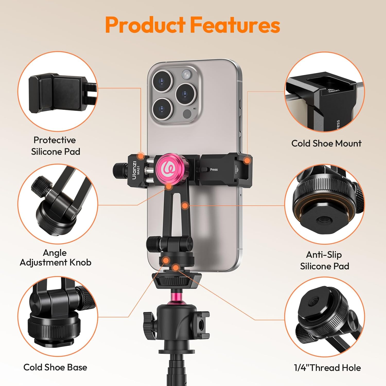 ULANZI MA61 Metal Phone Tripod Mount with Cold Shoe, 360° Adjustable Hot Shoe Camera Phone Mount for iPhone 17 16 15 14 Pro Max, Samsung, Aluminum Alloy Clamp for Vlogging, Live Streaming, Video - Image 3