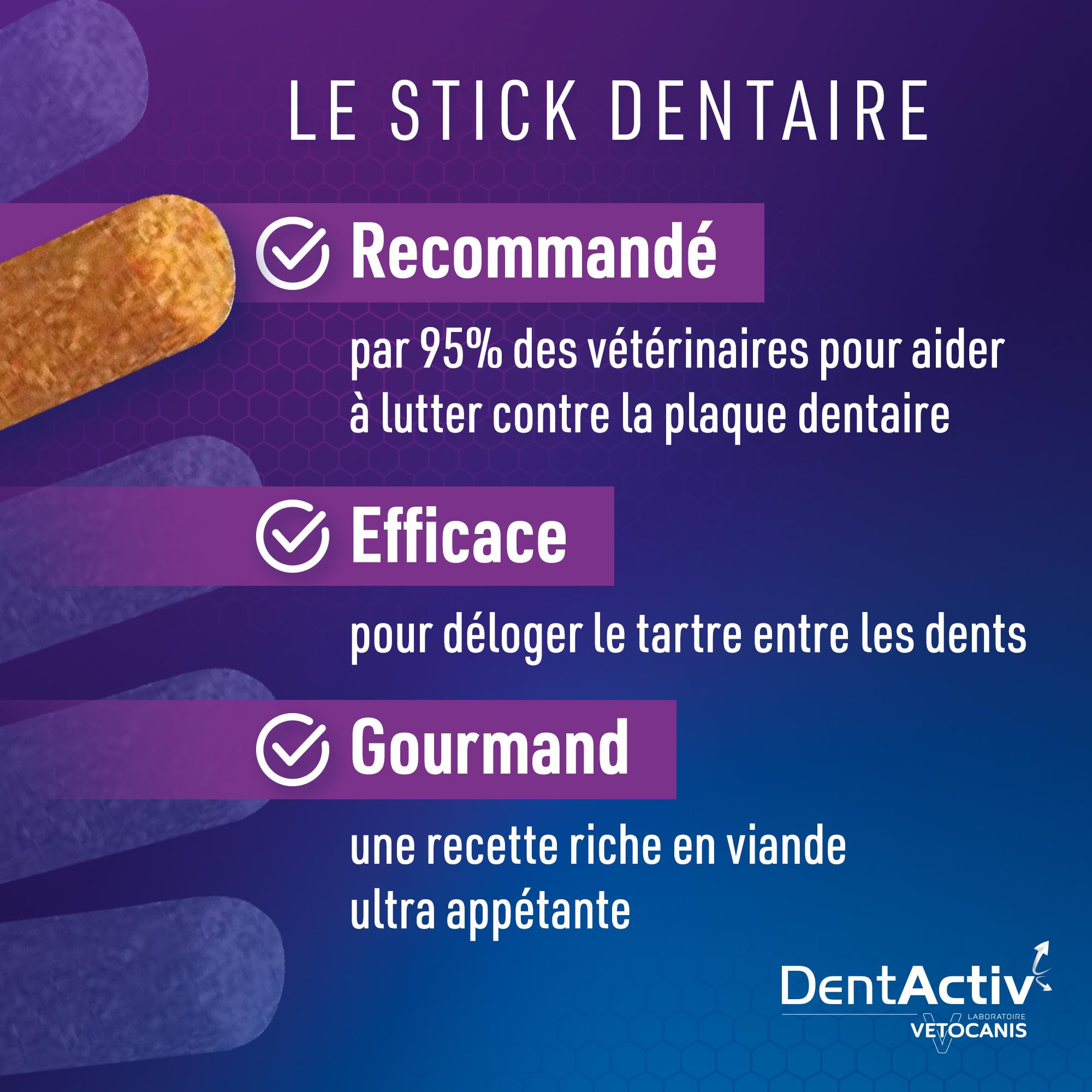 Vetocanis - Dentactiv - Stick Dentaire - Friandises pour Chat Gourmandes - Hygiène et Santé du Chat - Riche en Viande - 85% de Poulet - Système Anti-Plaque