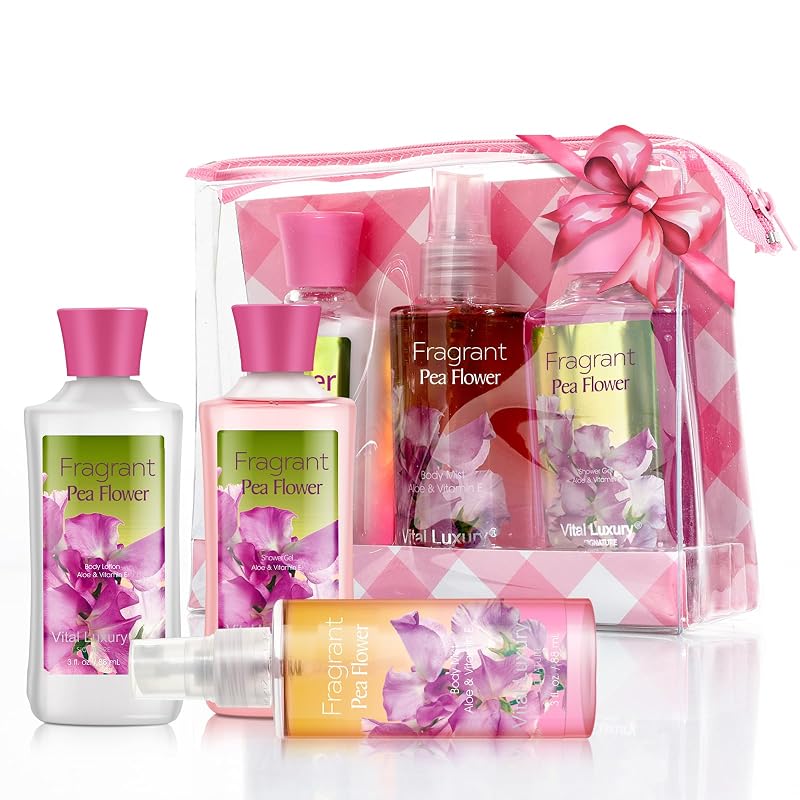Conjunto para banho e corpo Bodybeau com fragrância de flor-de-ervilha, gel, loção e névoa corporal
