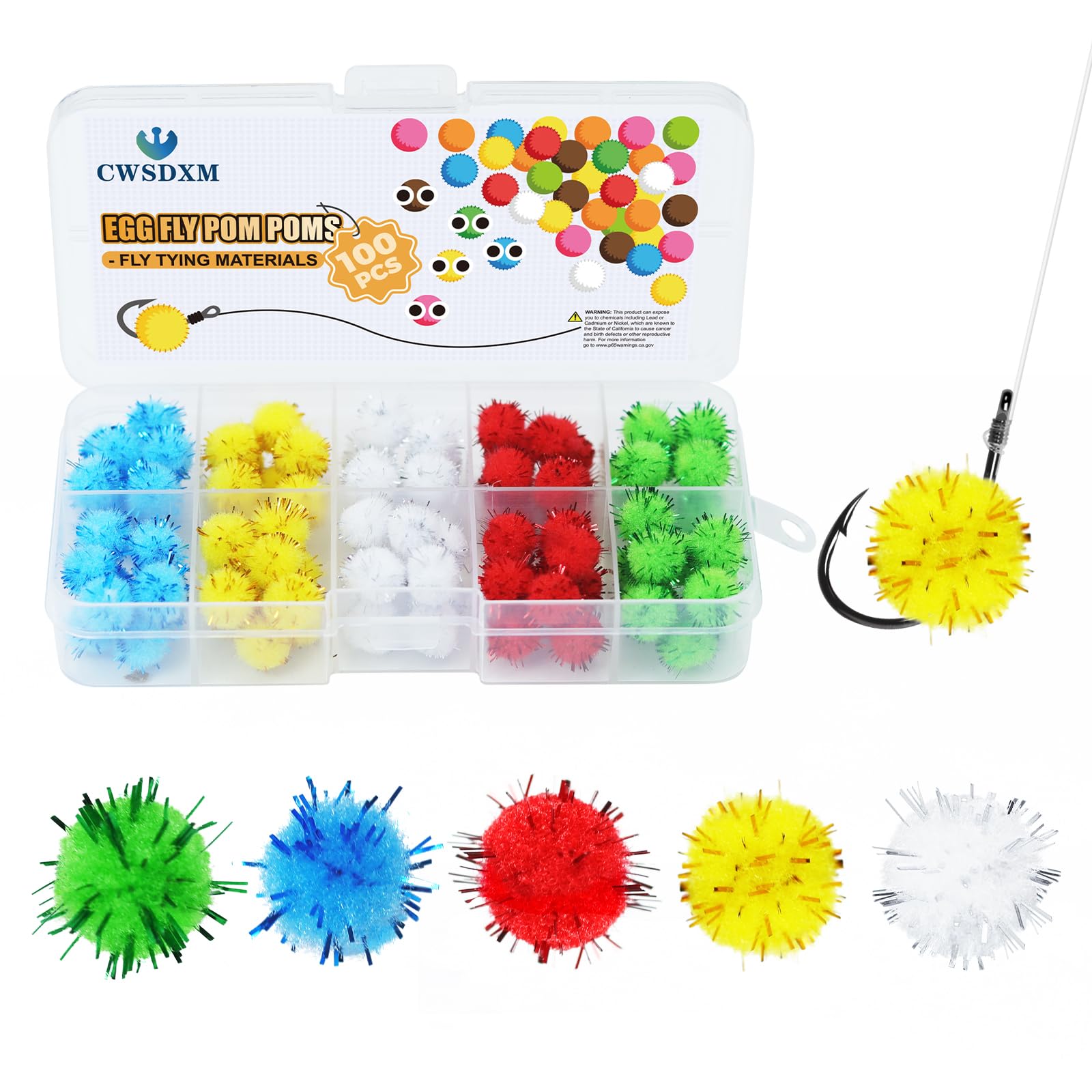 100 pcs Egg Flies Pom-poms DIY Fly Tying Materials Glo Bug Chenille Balls Fly Tying Fishing for Steelhead Trout Salmon