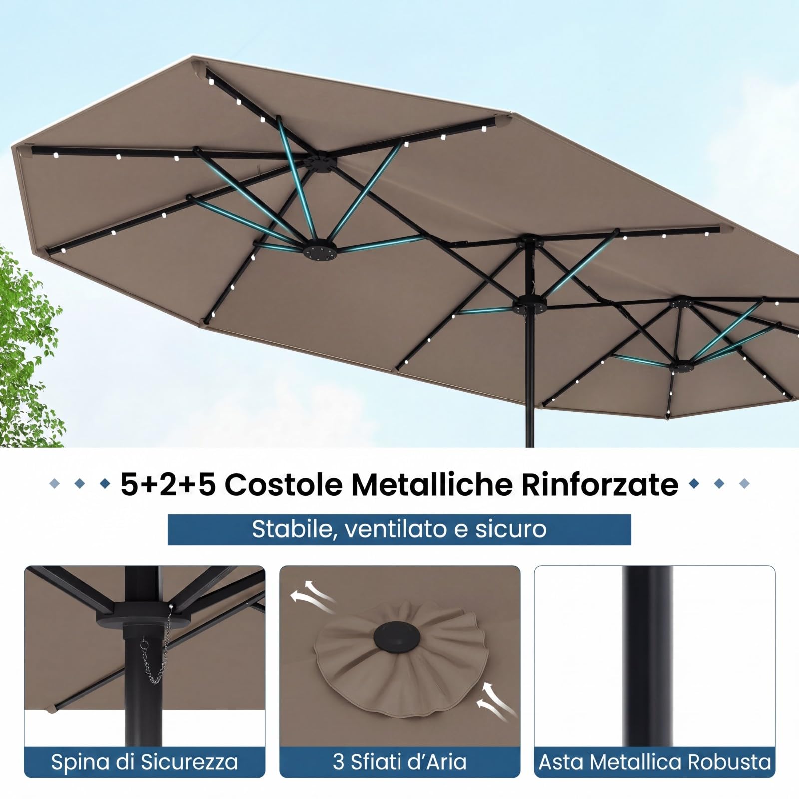 COSTWAY Ombrellone da Giardino Doppio 400 x 200 cm, con 36 Luci LED Solari, Manovella 12 Stecche, Base, Anti-UV, Rettangolare, per Giardino Piscina Cortile (Caffè)