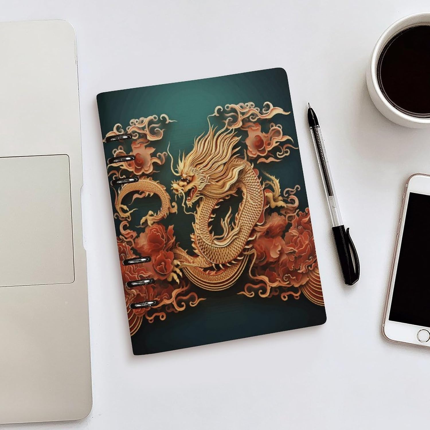 VstaDank Dragon Chinese Background Notebook Refillable A5 Binder Notebooks 6 Ring PU Leather Binder Journal Reusable Travel Diary Vintage Planner for Writers Business Work Daily 6.9”x 9”