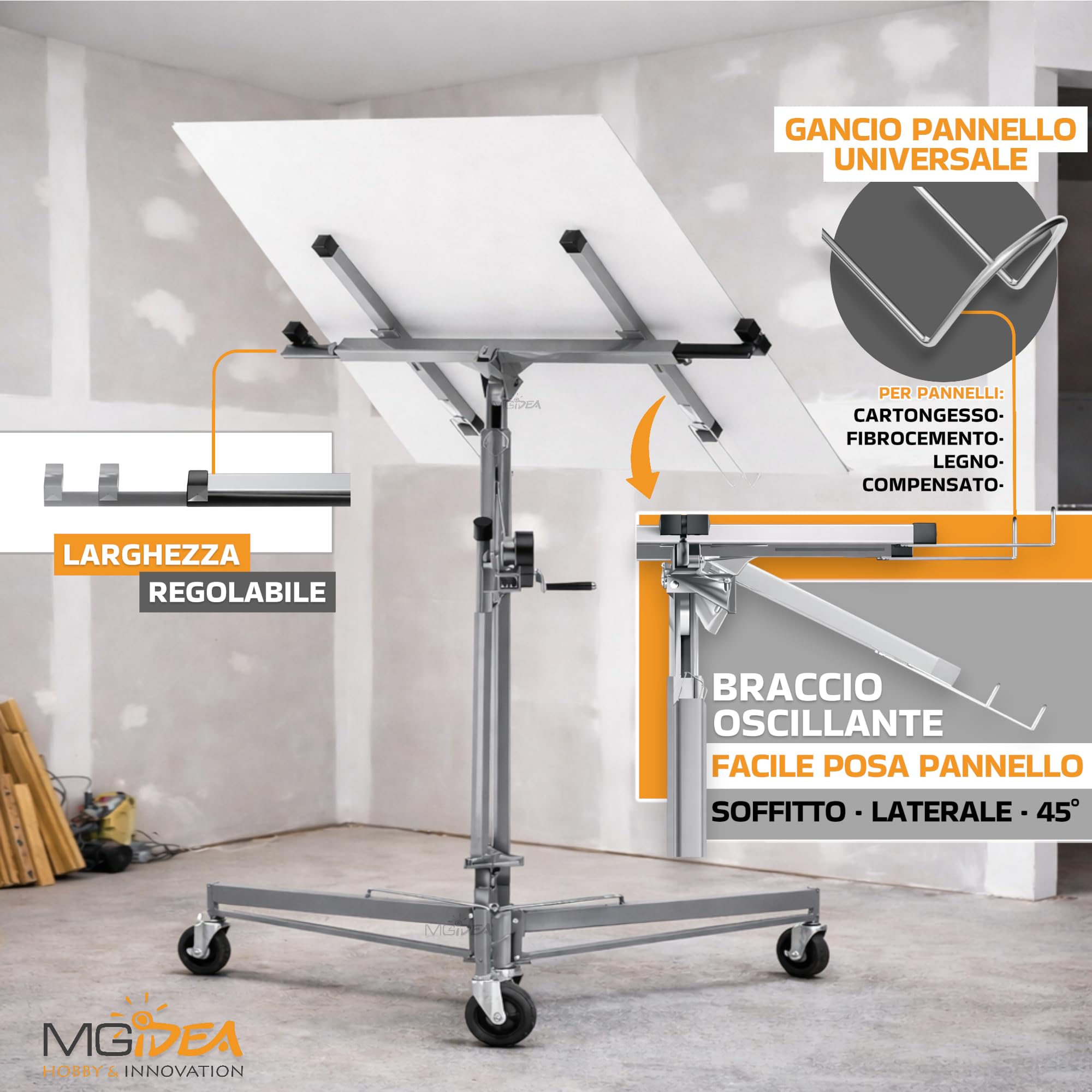 ALZA LASTRE SOLLEVATORE PANNELLI CARTONGESSO SUPPORTO REGOLABILE 68KG 3,5 M RICHIUDIBILE CON RUOTE BLOCCABILI ACCIAIO