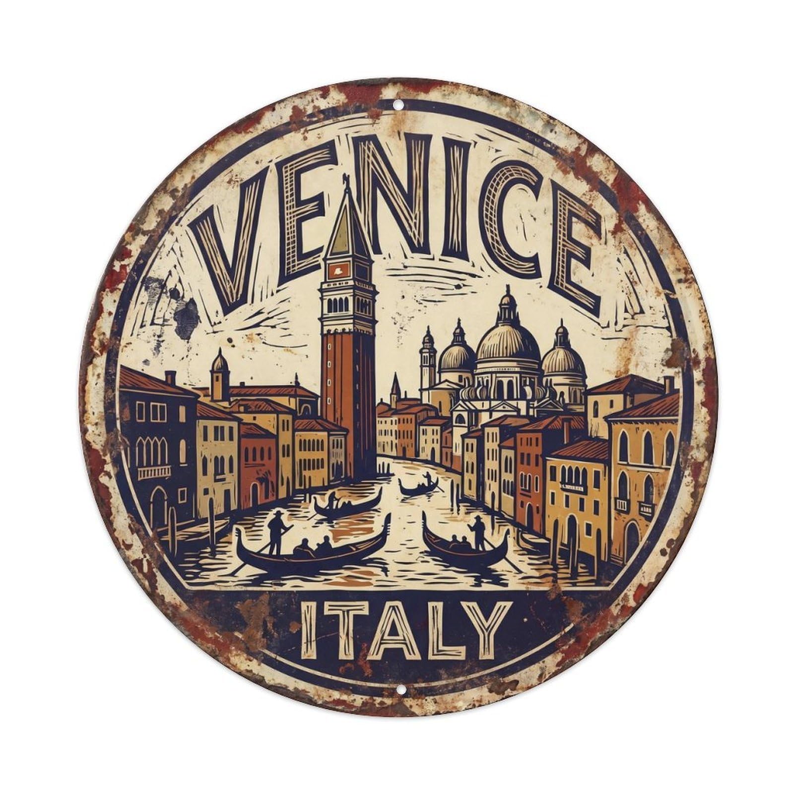 Vintage Travel Venice Skyline Italy Metal Tin Sign Plaque Wall Decor for Cafe, Club, Garden Round Metal Poster 8x8Inch