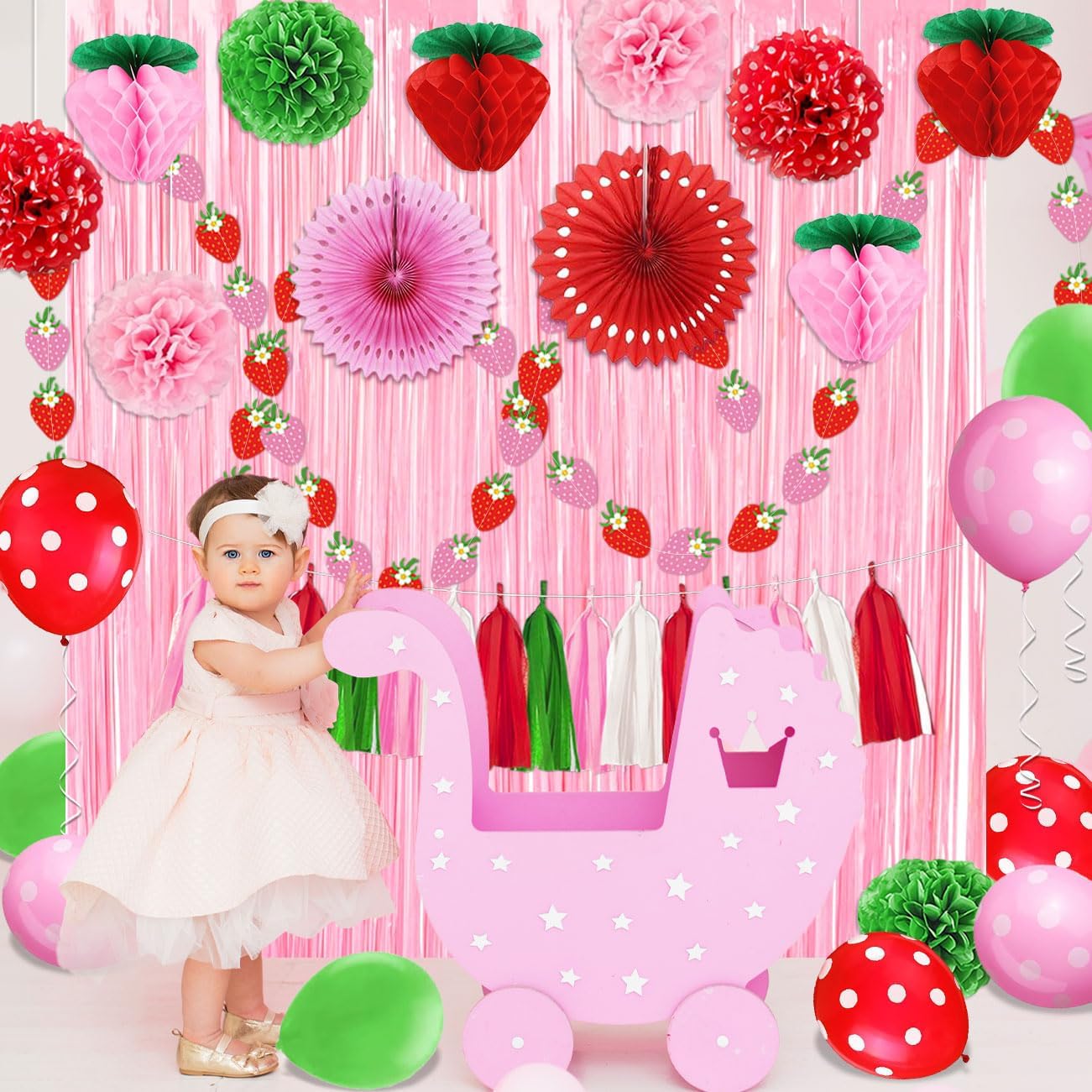 Strawberry Birthday Decorations includes Strawberry Honeycomb Balls Pink and Red Paper Pom Poms Fans Banner Ballons for Baby Shower Berry First Birthday Decor - Image 4