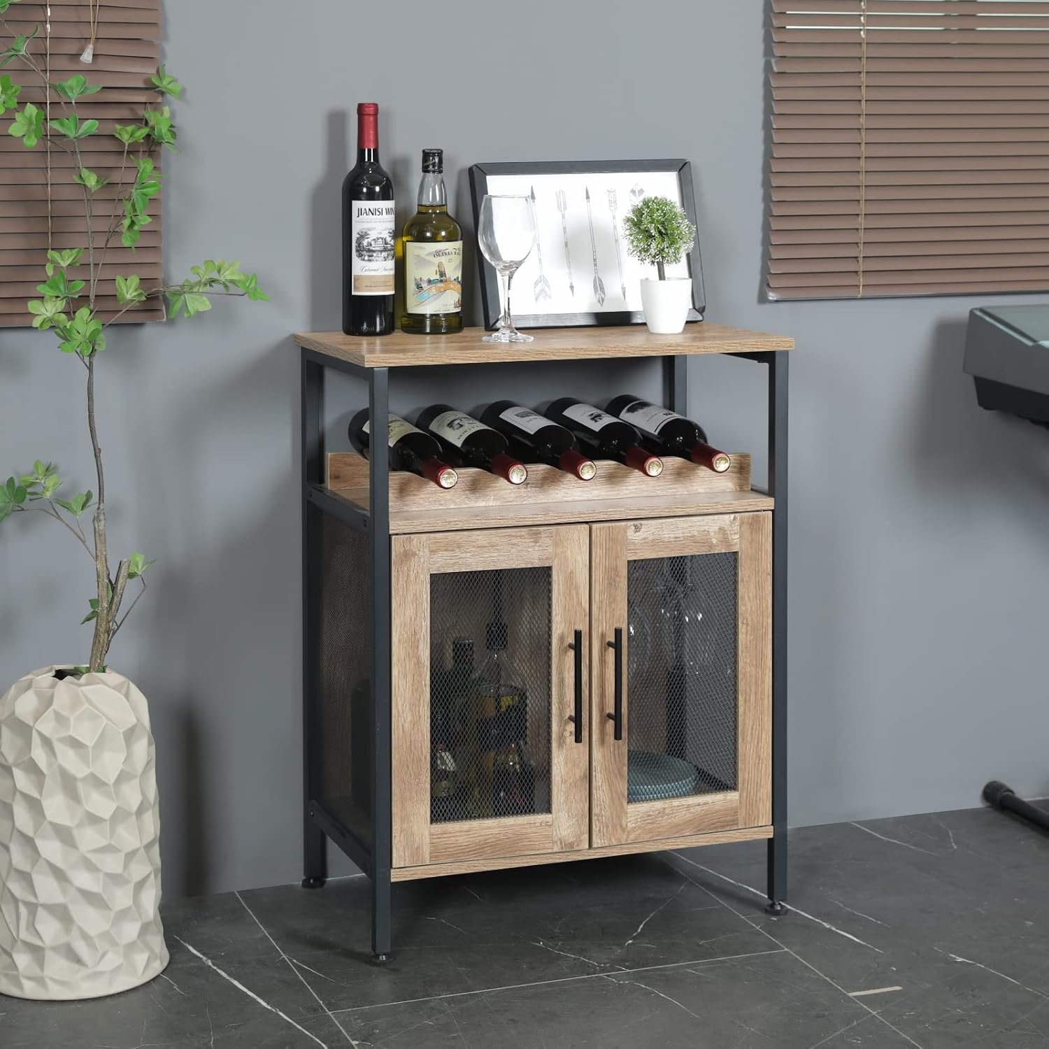 X-cosrack Wine Bar Rack Cabinet with Detachable Wine Rack, Coffee Bar Cabinet with Glass Holder, Small Sideboard and Buffet Cabinet with Mesh Door, Rustic Oak