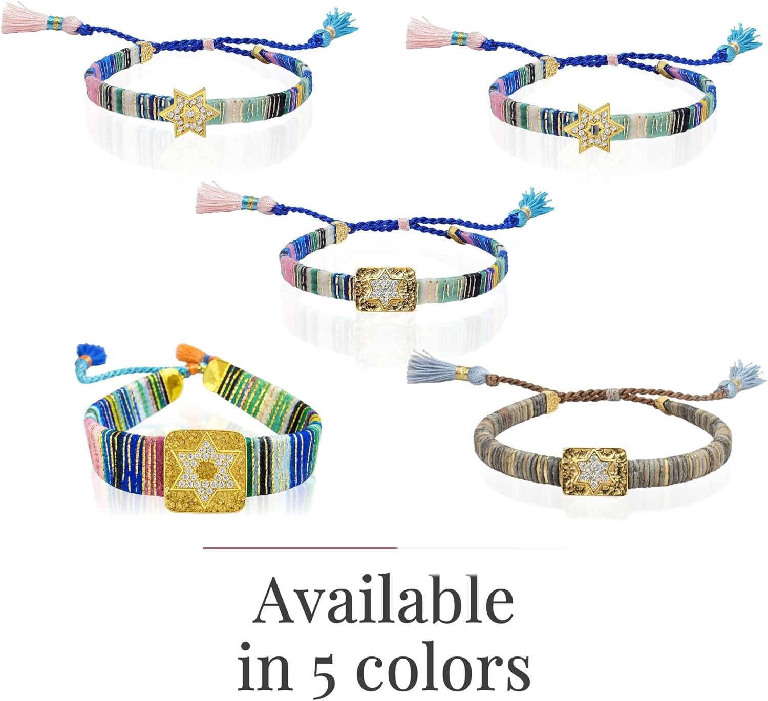 Alef Bet by Paula Multicolor Handwoven Macrame Star of David Friendship Bracelet 14k Gold Plated CZ Charm Adjustable 5.5 to 9 Inches Jewish Bat Mitzvah Gift