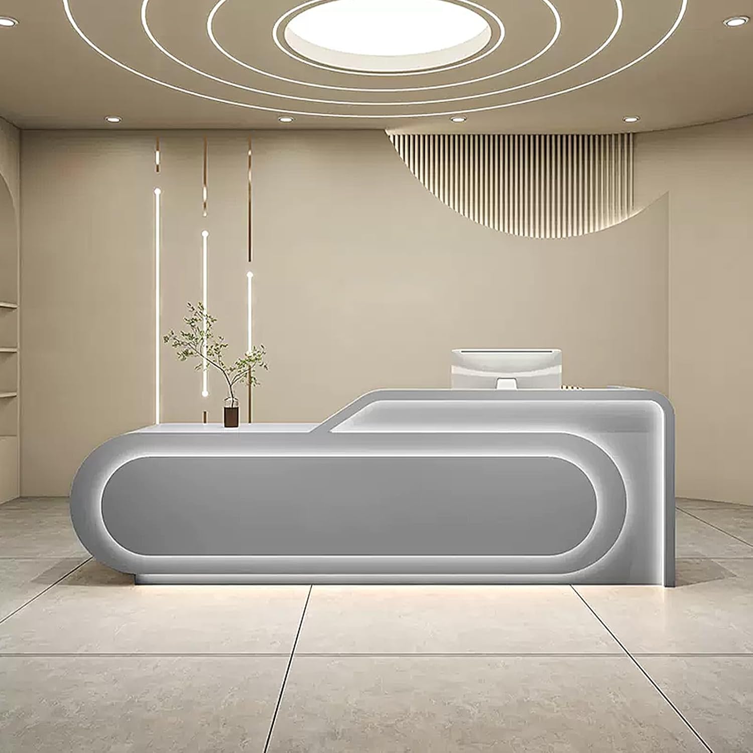 Reception Desk - Front Desk with Moveable Shelves & Lockable Drawers | Simple Curved Reception Desk Including LED Light-Emitting Atmosphere Lamp,for Salon Checkout Office, Grey (80IN)