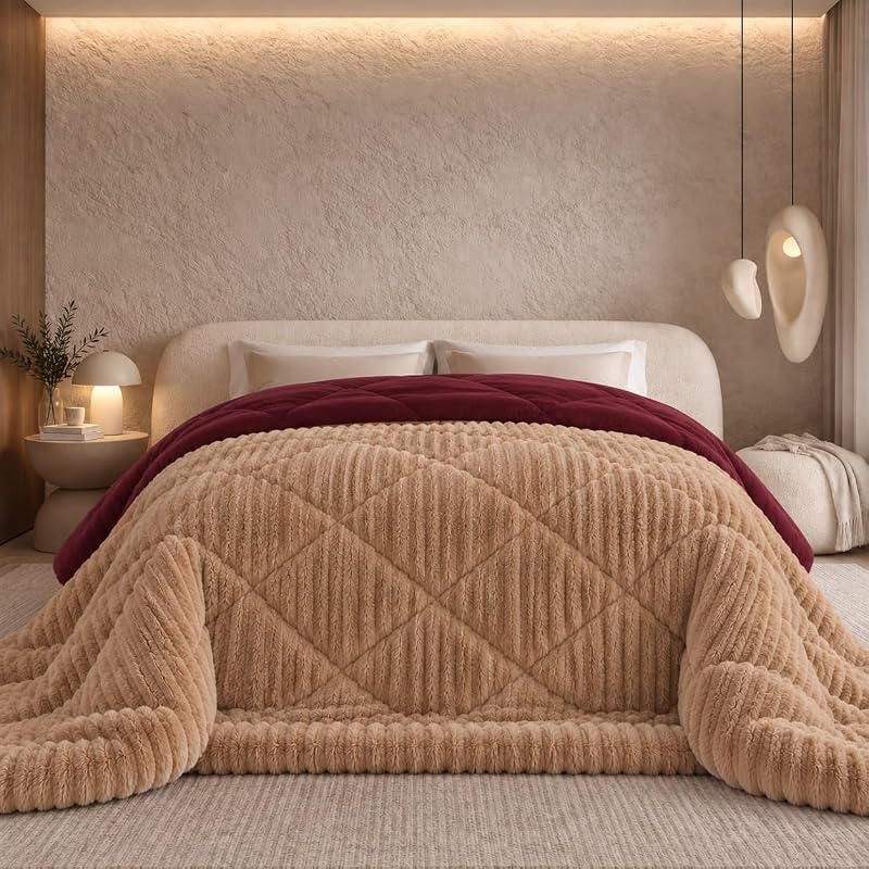 لحاف شتوي وجهين بتصميم مضلع - بيج وعنابي