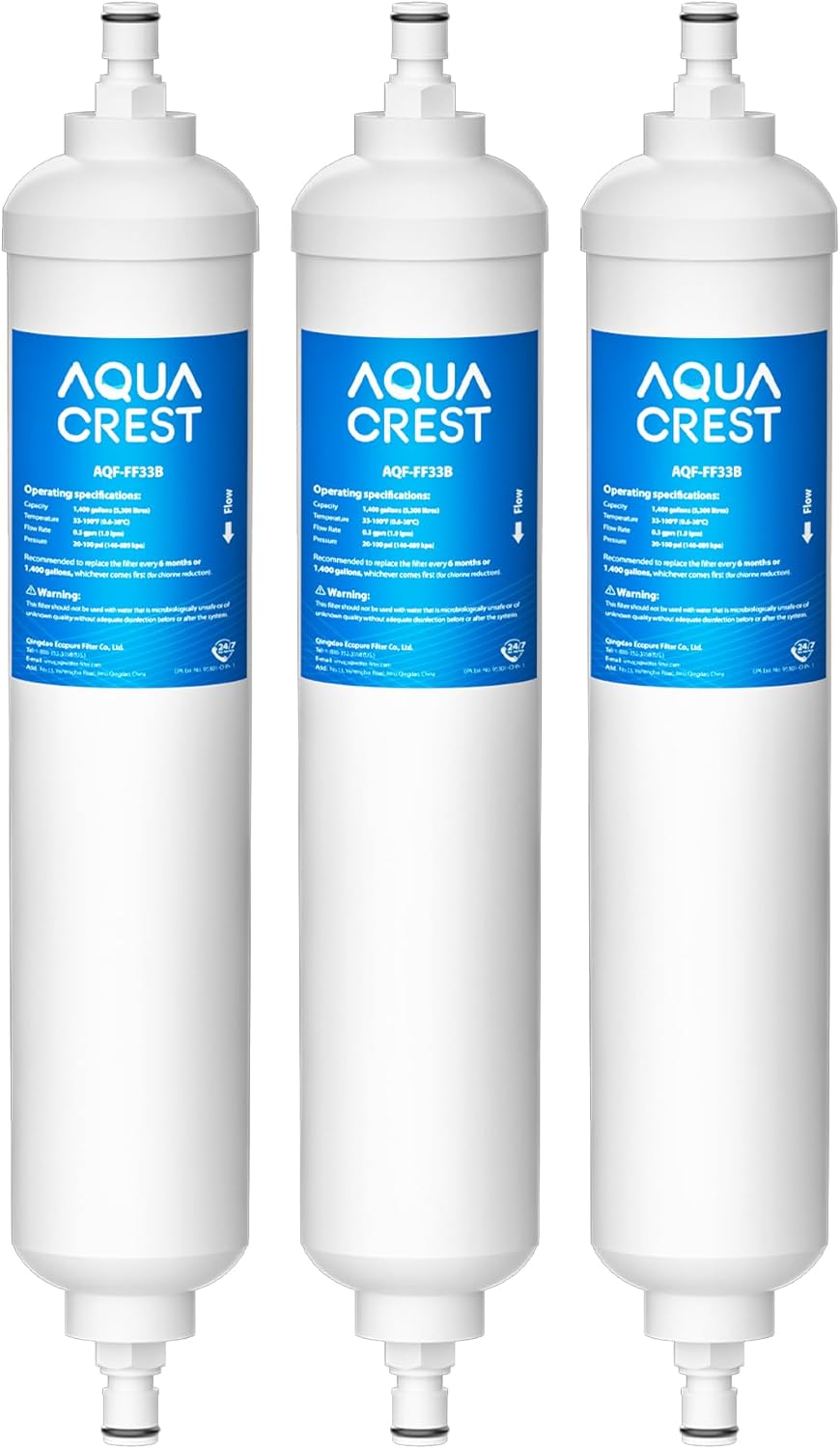 AQUACREST GXRTQR Inline Water Filter, NSF Certified, Compatible with GE GXRTQR, GXRTQ System, Reduces Chlorine, Fluoride, Limescale and More, For Refrigerator, IceMaker, RVs (3 Filters)