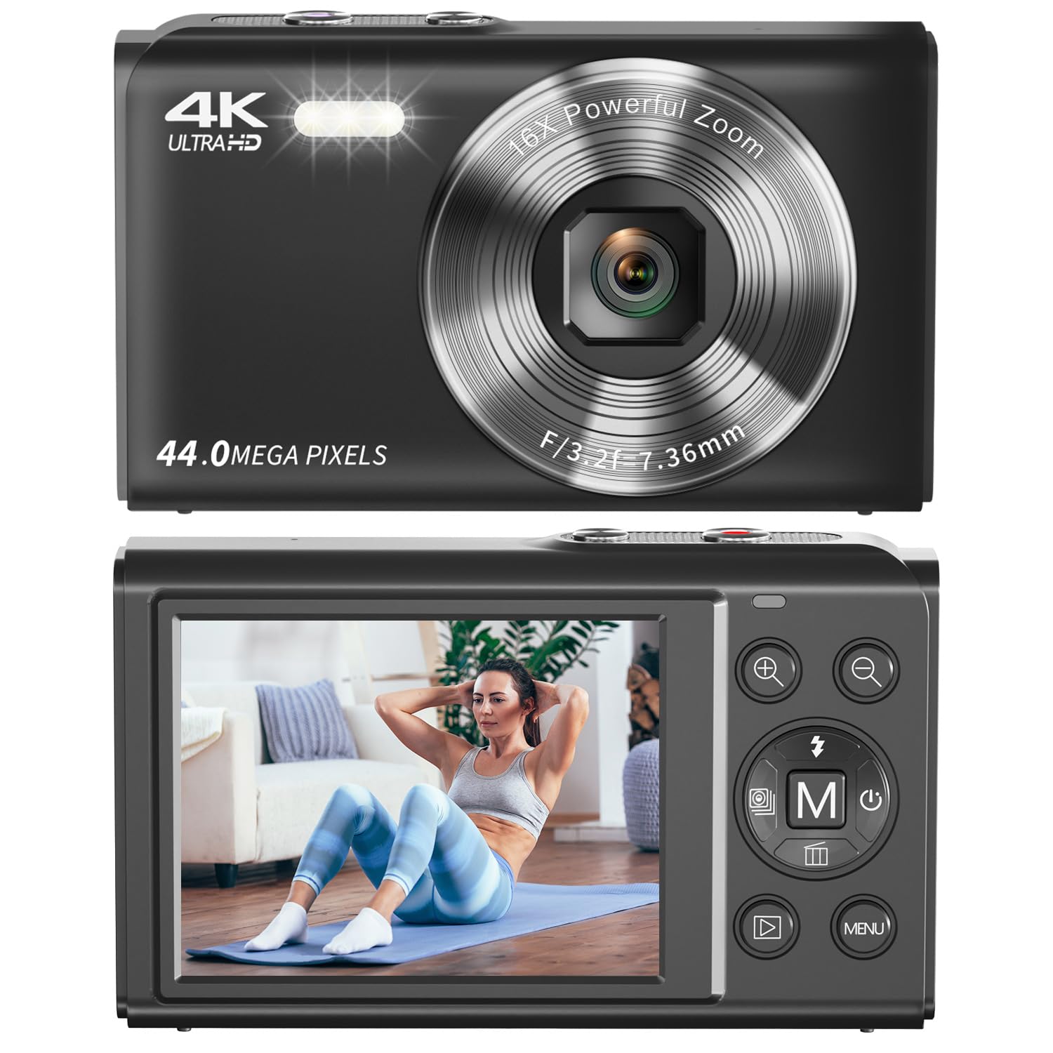Saneen Digital Cameras for Photography, 1080P Vlogging Camera for YouTube,44MP 16X Digital Zoom 30PFS Point and Shoot Camera for Kids, Beginners, Include 32GB SD Card & 2 Rechargeable Batteries-Black