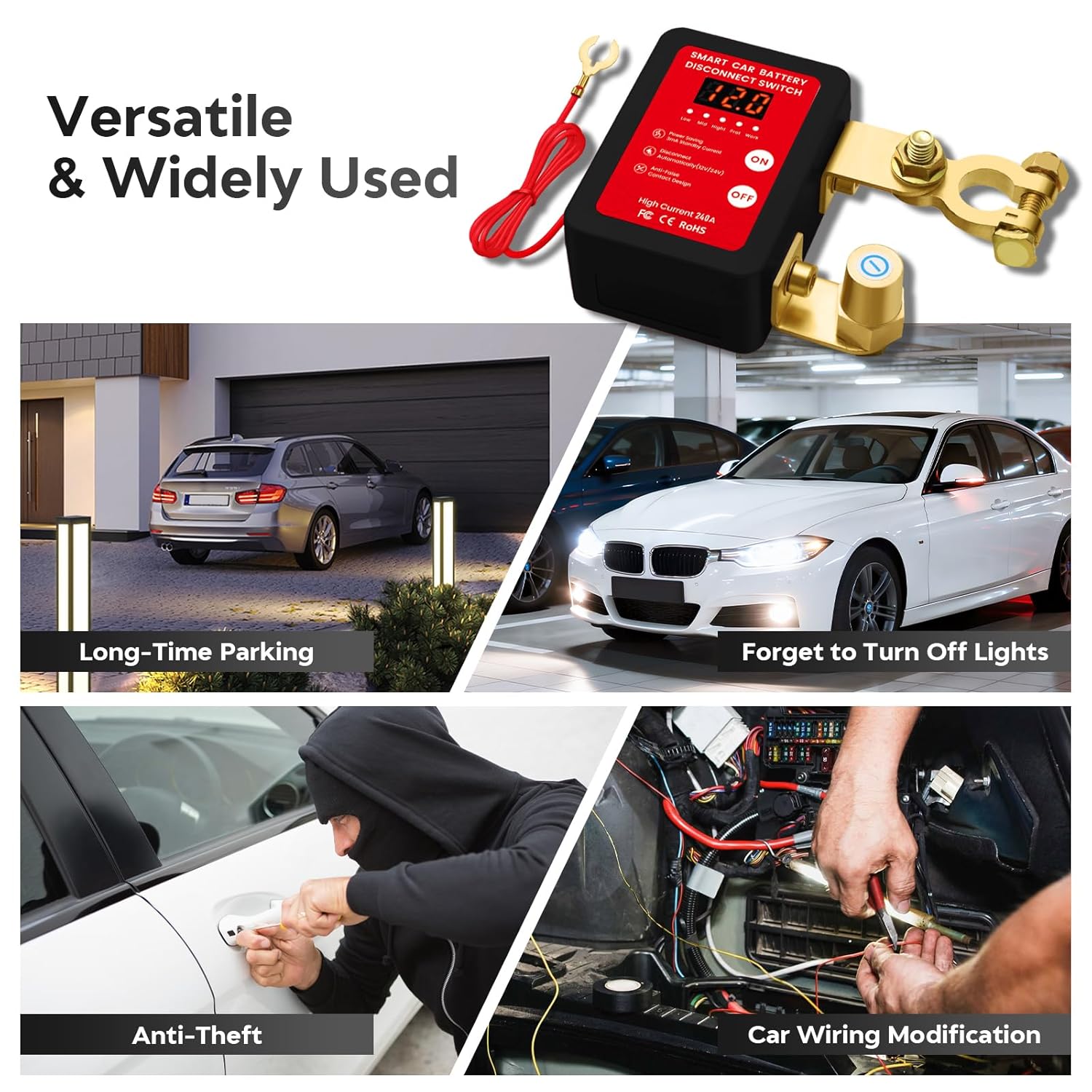 Remote Battery Disconnect Switch 12V, 240A Kill Switch for Car with Led Voltage Display & Automatic Power Shut Off, Anti Theft Battery Cut Off Switch for Vehicle RV Boat