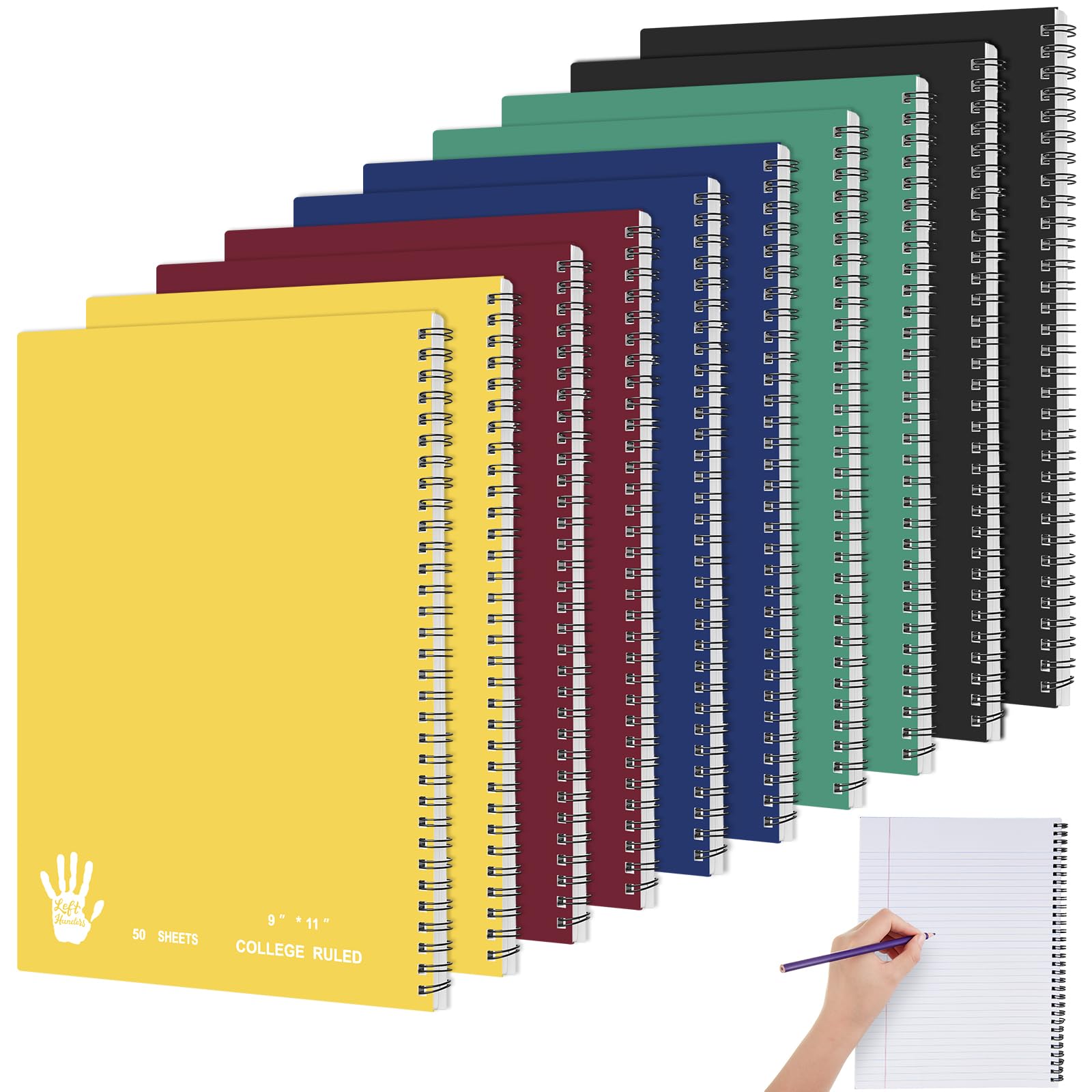 Lewtemi Lot de 10 cahiers à spirale pour gaucher - 21,6 x 27,9 cm - 50 feuilles lignées - Couvertures de couleurs assorties (vif)
