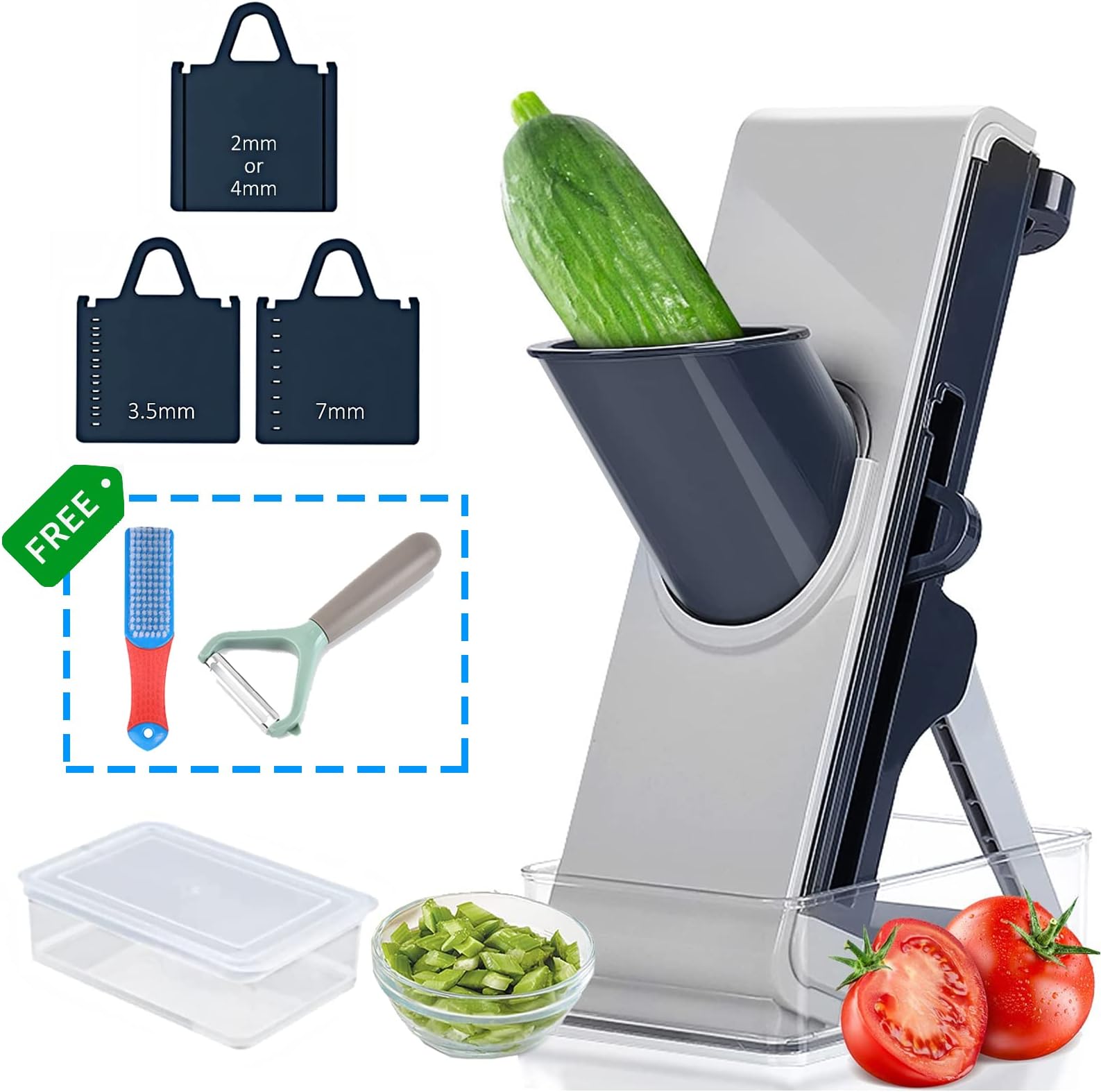 Safe Mandoline Slicer, Adjustable Thickness Vegetable Chopper With 3 Stainless Steel Interchangeable Blades And Food Container, Vegetable Slicer For Vegetable/Onion/Fruit/Meat