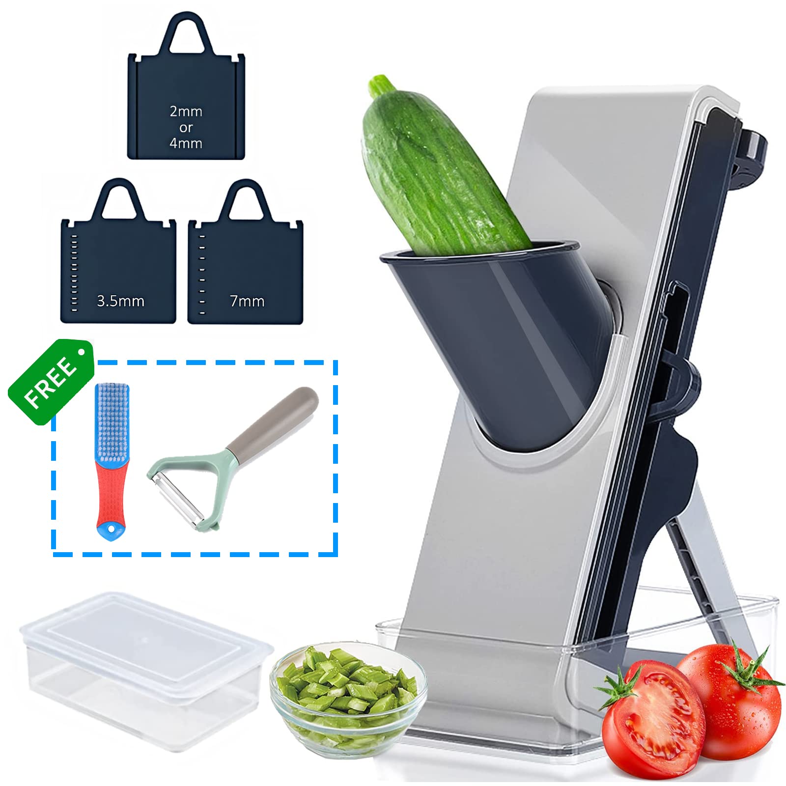 Safe Mandoline Slicer, Adjustable Thickness Vegetable Chopper With 3 Stainless Steel Interchangeable Blades And Food Container, Vegetable Slicer For Vegetable/Onion/Fruit/Meat