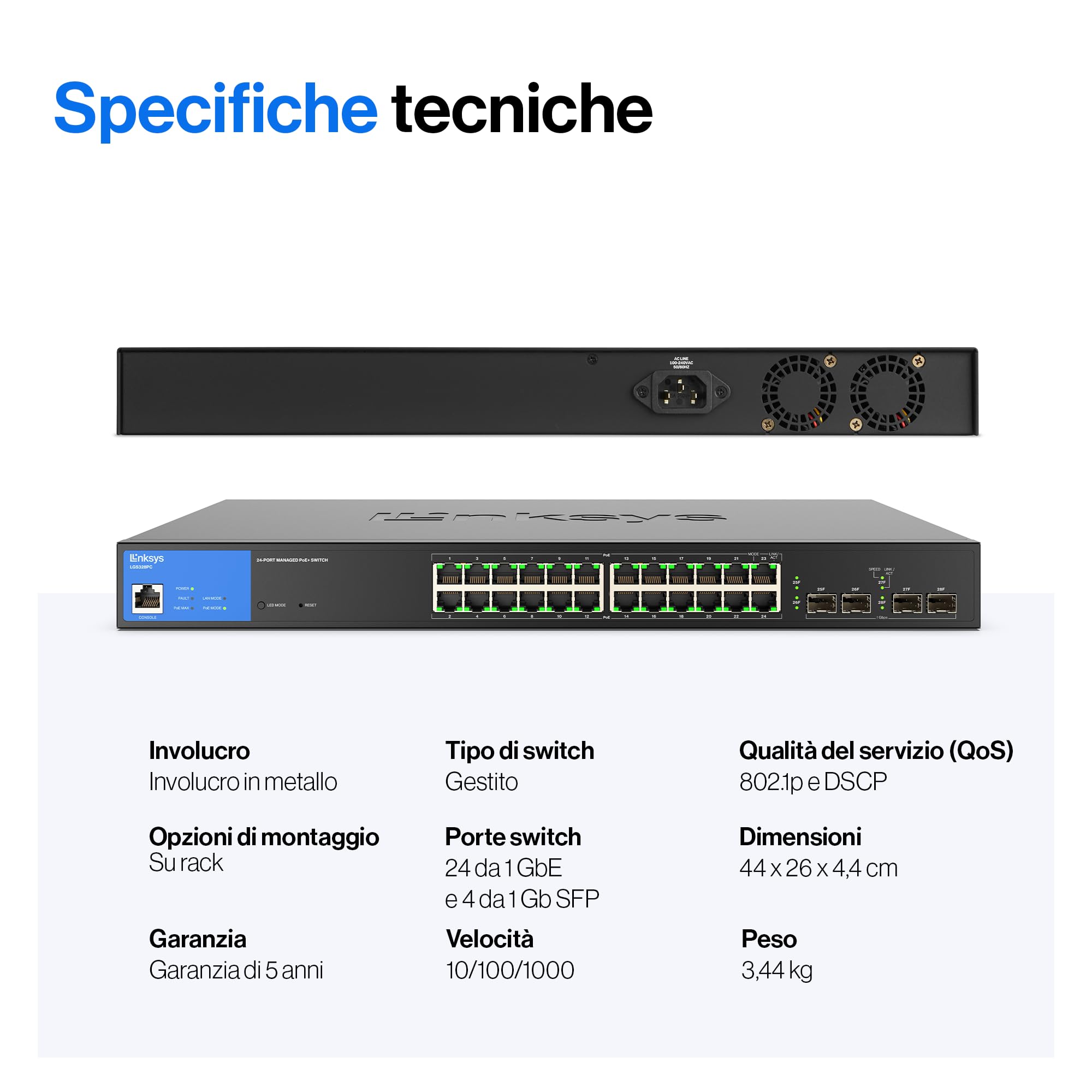 Linksys Switch Gigabit PoE+ Gestito a 24 Porte con 4 Porte 1GE SFP di Uplink, 250 W, Nero