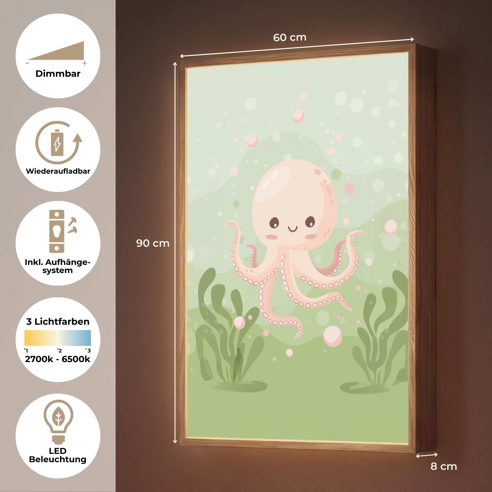 Kinder Nachtlicht 60x90 cm Tischlampe Kinderzimmer Kids Night Light Nachtlampe Baby Schlaflicht Licht Oktopus - Meerestiere - Grün - Unterwasser