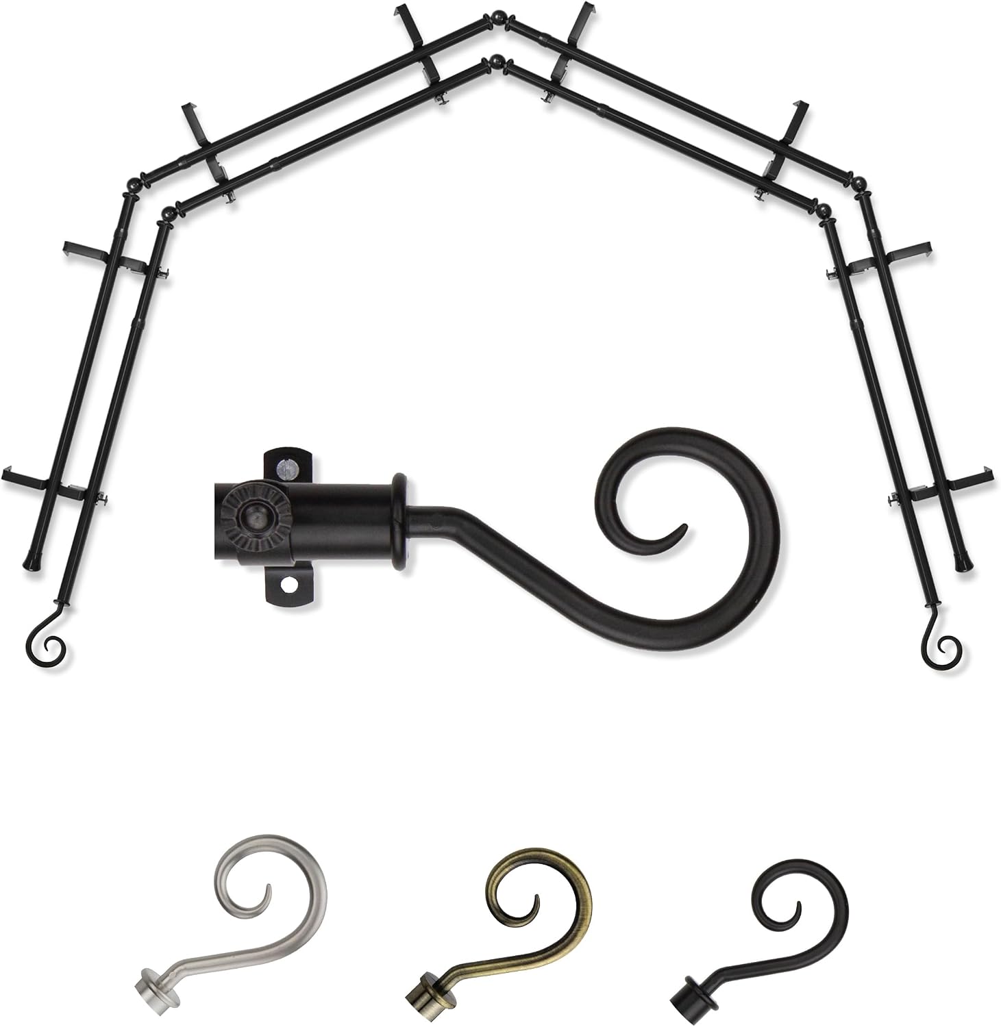 A&F Rod Décor - Hook 13/16" 4-Sided Double Bay Window Curtain Rod - Satin Nickel