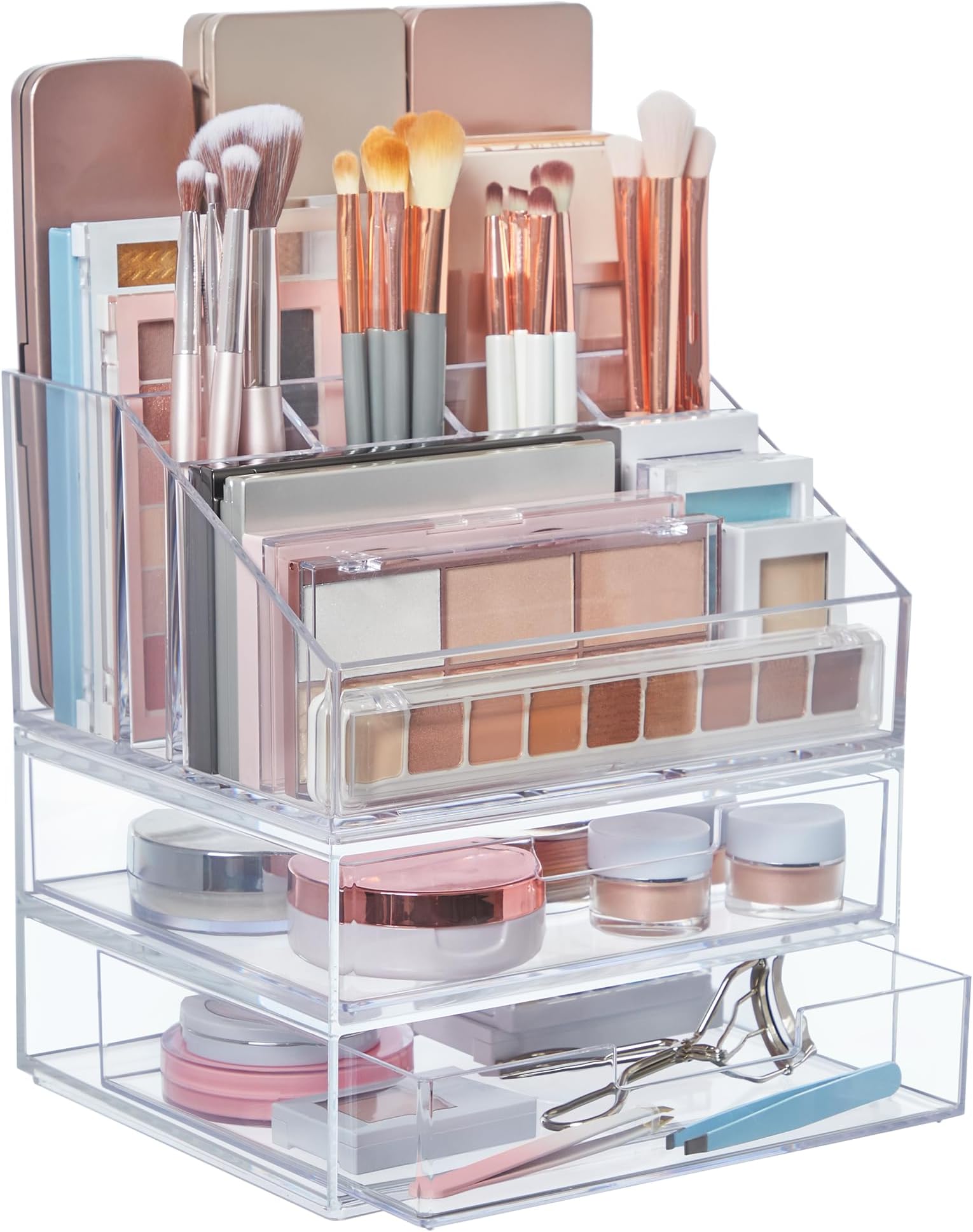 Chloe Stackable Makeup Holder & Drawer Organizer Set, Clear, BPA-Free Plastic, Made in USA, Organize Brushes, Cosmetics & Beauty Essentials